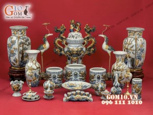 Bộ đồ thờ men rạn đắp nổi Long Trấn  - Cả đỉnh hạc