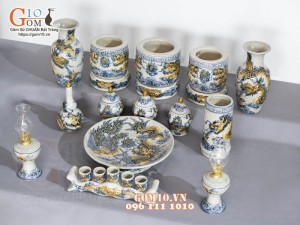 Bộ đồ thờ Hỷ Sự Nạp Phúc men rạn đắp nổi Rồng cao cấp 02