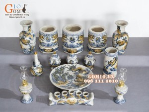 Bộ đồ thờ Hỷ Sự Nạp Phúc men rạn đắp nổi Rồng cao cấp 02