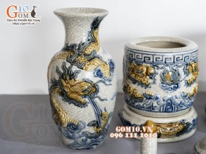 Bộ đồ thờ Hỷ Sự Nạp Phúc men rạn đắp nổi Rồng cao cấp 02