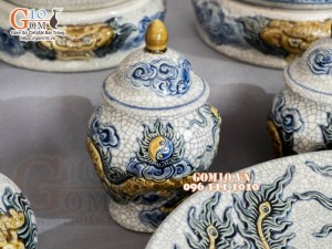 Bộ đồ thờ Hỷ Sự Nạp Phúc men rạn đắp nổi Rồng cao cấp 02