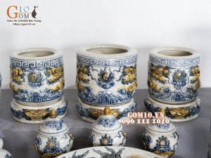 Bộ đồ thờ Hỷ Sự Nạp Phúc men rạn đắp nổi Rồng cao cấp 02