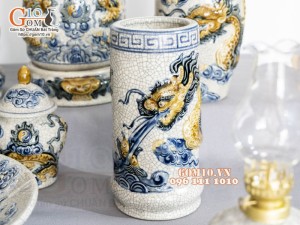 Bộ đồ thờ Hỷ Sự Nạp Phúc men rạn đắp nổi Rồng cao cấp 02