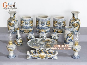 Bộ đồ thờ Hỷ Sự Nạp Phúc men rạn đắp nổi Rồng cao cấp 02