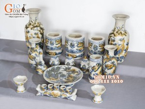 Bộ đồ thờ Hỷ Sự Nạp Phúc men rạn đắp nổi Rồng cao cấp 03