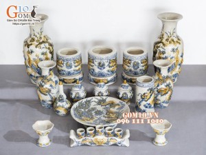 Bộ đồ thờ Hỷ Sự Nạp Phúc men rạn đắp nổi Rồng cao cấp 03