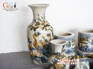 Bộ đồ thờ Hỷ Sự Nạp Phúc men rạn đắp nổi Rồng cao cấp 03