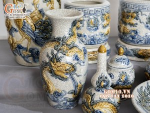 Bộ đồ thờ Hỷ Sự Nạp Phúc men rạn đắp nổi Rồng cao cấp 03