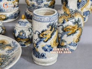 Bộ đồ thờ Hỷ Sự Nạp Phúc men rạn đắp nổi Rồng cao cấp 03