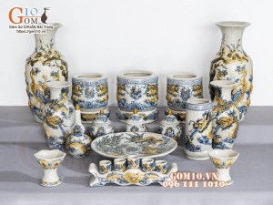 Bộ đồ thờ Hỷ Sự Nạp Phúc men rạn đắp nổi Rồng cao cấp 03