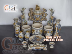 Bộ đồ thờ Phú Quý Tài Lộc men rạn đắp nổi cao cấp, cả đỉnh hạc