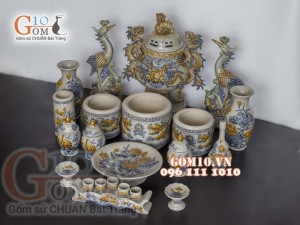 Bộ đồ thờ Phú Quý Tài Lộc men rạn đắp nổi cao cấp, cả đỉnh hạc