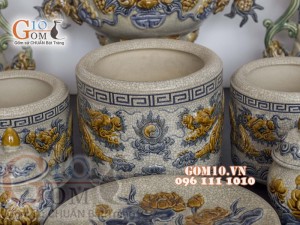 Bộ đồ thờ Phú Quý Tài Lộc men rạn đắp nổi cao cấp, cả đỉnh hạc