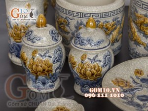 Bộ đồ thờ Phú Quý Tài Lộc men rạn đắp nổi cao cấp, cả đỉnh hạc