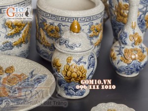 Bộ đồ thờ Phú Quý Tài Lộc men rạn đắp nổi cao cấp, cả đỉnh hạc