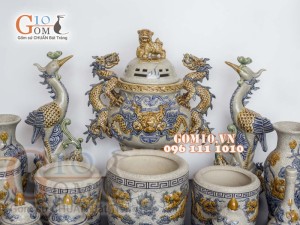 Bộ đồ thờ Phú Quý Tài Lộc men rạn đắp nổi cao cấp, cả đỉnh hạc