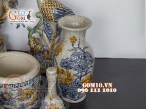 Bộ đồ thờ Phú Quý Tài Lộc men rạn đắp nổi cao cấp, cả đỉnh hạc