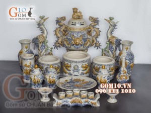 Bộ đồ thờ Phú Quý Tài Lộc men rạn đắp nổi cao cấp, cả đỉnh hạc