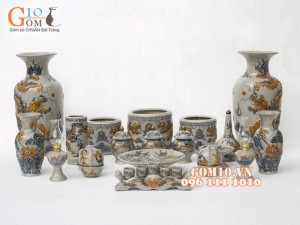 Bộ đồ thờ Phú Quý Tài Lộc men rạn đắp nổi Rồng cao cấp