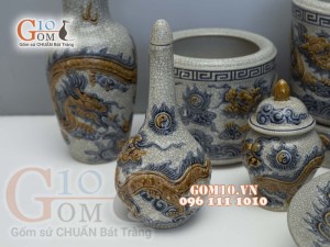 Bộ đồ thờ Phú Quý Tài Lộc men rạn đắp nổi Rồng cao cấp 01