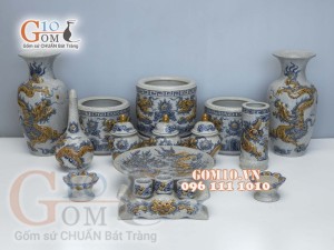 Bộ đồ thờ Phú Quý Tài Lộc men rạn đắp nổi Rồng cao cấp 01