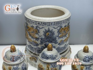 Bộ đồ thờ Phú Quý Tài Lộc men rạn đắp nổi Rồng cao cấp 02