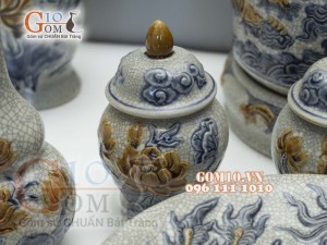 Bộ đồ thờ Phú Quý Tài Lộc men rạn đắp nổi Rồng cao cấp 02