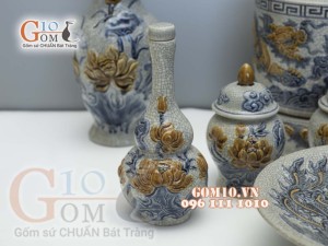 Bộ đồ thờ Phú Quý Tài Lộc men rạn đắp nổi Rồng cao cấp 02