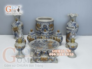 Bộ đồ thờ Phú Quý Tài Lộc men rạn đắp nổi Rồng cao cấp 02