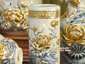 Bộ đồ thờ men rạn đắp nổi Sen Cát Tường vẽ vàng 24k - 01