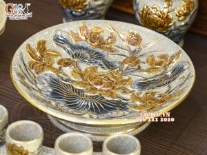 Bộ đồ thờ men rạn đắp nổi Sen Cát Tường vẽ vàng 24k - 01