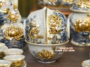 Bộ đồ thờ men rạn đắp nổi Sen Cát Tường vẽ vàng 24k - 01