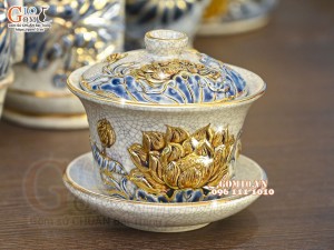 Bộ đồ thờ men rạn đắp nổi Sen Cát Tường vẽ vàng 24k - 01