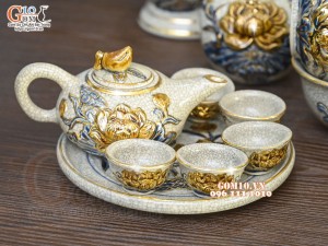 Bộ đồ thờ men rạn đắp nổi Sen Cát Tường vẽ vàng 24k - 01