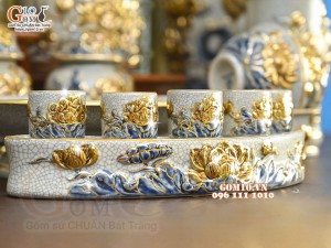 Bộ đồ thờ men rạn đắp nổi Sen Cát Tường vẽ vàng 24k - 01
