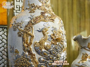 Bộ đồ thờ men rạn đắp nổi Sen Cát Tường vẽ vàng 24k - 01