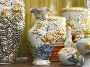 Bộ đồ thờ men rạn đắp nổi Sen Cát Tường vẽ vàng 24k - 01