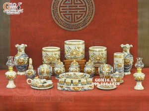 Bộ đồ thờ men rạn đắp nổi Sen Cát Tường vẽ vàng 24k