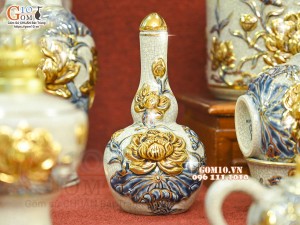 Bộ đồ thờ men rạn đắp nổi Sen Cát Tường vẽ vàng 24k