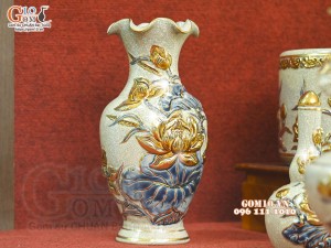 Bộ đồ thờ men rạn đắp nổi Sen Cát Tường vẽ vàng 24k