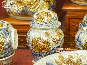 Bộ đồ thờ men rạn đắp nổi Sen Cát Tường vẽ vàng 24k