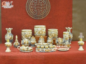 Bộ đồ thờ men rạn đắp nổi Sen Cát Tường vẽ vàng 24k