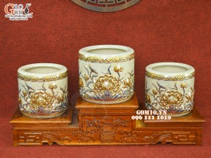 Bộ đồ thờ men rạn đắp nổi Sen Cát Tường vẽ vàng 24k