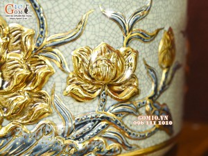 Bộ đồ thờ men rạn đắp nổi Sen Cát Tường vẽ vàng 24k
