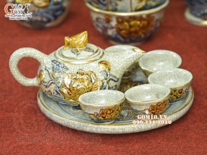 Bộ đồ thờ men rạn đắp nổi Sen Cát Tường vẽ vàng 24k