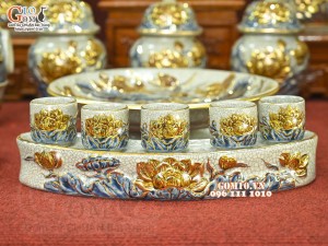 Bộ đồ thờ men rạn đắp nổi Sen Cát Tường vẽ vàng 24k