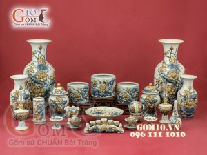 Bộ đồ thờ men rạn đắp nổi Sen Phú Quý cao cấp