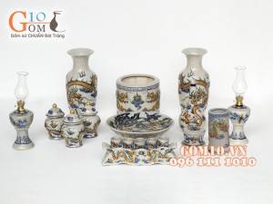 Bộ đồ thờ men rạn nổi đắp rồng cao cấp S4 - 2