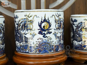 Bộ đồ thờ men trắng họa tiết Tứ Cảnh Đại Cát vẽ vàng 24k (Ban thờ 1m53)