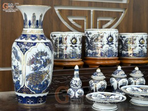 Bộ đồ thờ men trắng họa tiết Tứ Cảnh Đại Cát vẽ vàng 24k (Ban thờ 1m53)